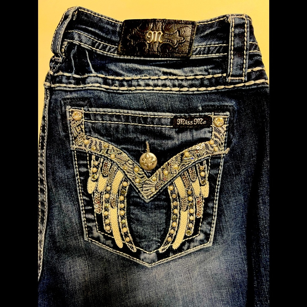 Miss Me Jeans Silver Leather Angel Wings Crystal Size 32